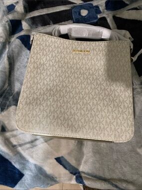 Michael Kors Beige/Cream MK Monogram Satchel with Gold Logo